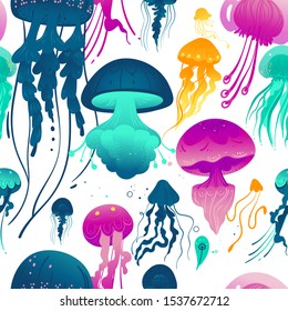 Glowing jellyfish seamless pattern - colorful sea creatures swimming underwater with hand drawn cartoon texture, ornate medusa animals background vector illustration