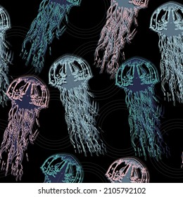 Glowing jellyfish. Seamless pattern on black background Magical jellyfish seamless pattern. Hand drawn watercolor illustration
