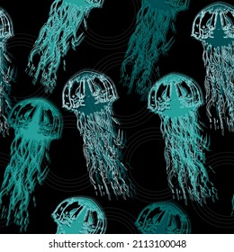 Glowing jellyfish. Seamless pattern on black background Hand-drawn vintage illustration. 