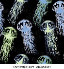Glowing jellyfish. Seamless pattern on black background Underwater animal illustration. Hand drawn realistic medusa .Abstract fantasy.