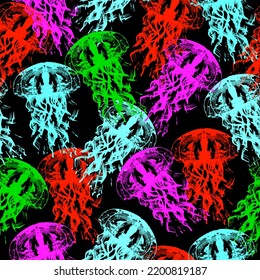 Glowing jellyfish. Seamless pattern on black background  Sea collection.