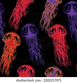 Glowing jellyfish. Seamless pattern on black background Underwater animal illustration. Hand drawn realistic medusa .Abstract fantasy.