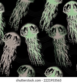 Glowing jellyfish. Seamless pattern on black background Space colorful repeat texture wallpaper illustration.