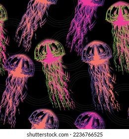 Glowing jellyfish. Seamless pattern on black background Underwater animal illustration. Hand drawn realistic medusa .Abstract fantasy.