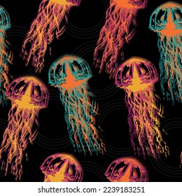 Glowing jellyfish. Seamless pattern on black background Underwater animal illustration. Hand drawn realistic medusa .Abstract fantasy.