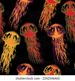 Glowing jellyfish. Seamless pattern on black background Underwater animal illustration. Hand drawn realistic medusa .Abstract fantasy.
