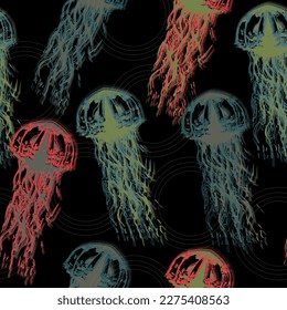 Glowing jellyfish. Seamless pattern on black background Underwater animal illustration. Hand drawn realistic medusa .Abstract fantasy.