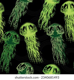 Glowing jellyfish. Seamless pattern on black background Space colorful repeat texture wallpaper illustration.
