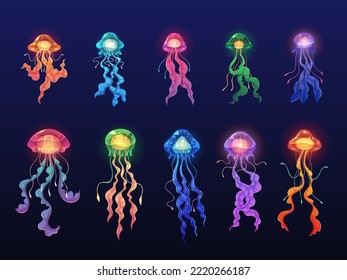 Glowing jellyfishes. Exotic sea creatures, deep water ocean animals, transparent luminous objects, beautiful color meduses, aquarium or underwater inhabitant tidy vector cartoon isolated set