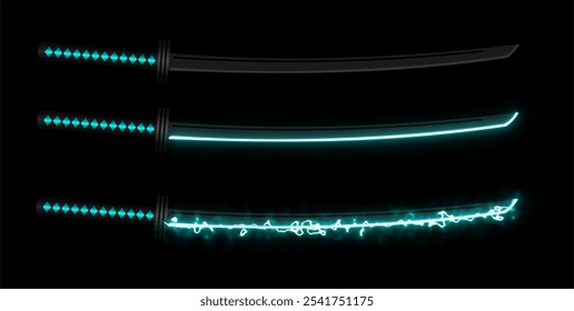 Katana brilhante definido. Espada relâmpago, néon e normal. Katanas negras. Fantasia lâminas mágicas.