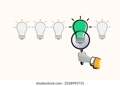 Glowing lamp among useless inventions. Magnifying glass in his hands is looking for idea, Collage Art Vector illustration