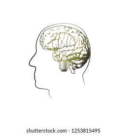 Glowing lamp in the brain. Black lines, white background. Vector illustration.