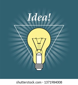 Glowing lamp on the background of divergent rays and the inscription on top - the idea! Stylized idea concept. Vector illustration