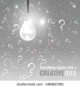 Glowing lamp with question signs , silver white illustration, clean concept for web and print, with bokeh and lights 