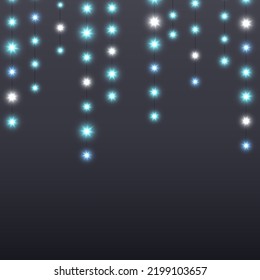 Glowing lamps garland. Decorative Christmas lights strings. Fairy lights chain. Hanging wall decoration for party. Led bulb lamps. Vector 
