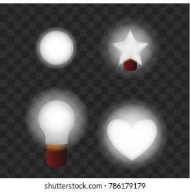 glowing lamps on a transparent background. Vector lamp in the form of a ball. hearts, stars, illustration of light effects