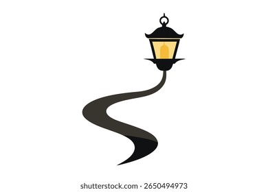 Uma lanterna brilhante ilumina um caminho sinuoso onde as sombras mudam do escuro para o brilhante. Estilo de vetor etéreo com gradientes suaves e efeitos luminosos, ideal para conceitos como esperança, viagem e orientação.