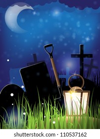 Glowing lantern and a shovel in the night cemetery. Scary Halloween background