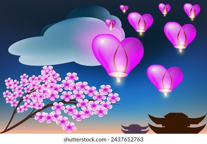 glowing lanterns in the sky and a branch of flowers
