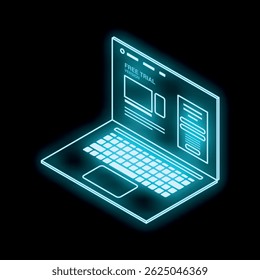Glowing laptop displaying free trial version on black background, representing online software and digital marketing