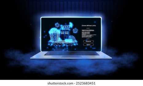 A glowing laptop displays a digital movie theater with illuminated popcorn, creating a cinematic experience in a futuristic realm