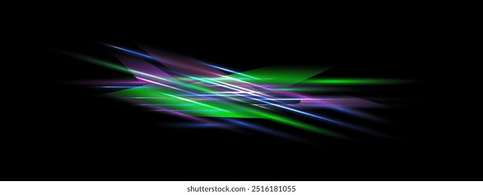 Glowing laser beam. Neon speed light ray, Purple bue green Parallel lines , Vector explosions of Flash light. Futuristic design elements, eps isolated on transparent background. 