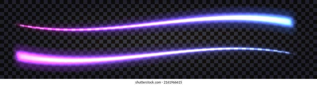 Glowing laser beam; neon wavy swoosh with  light thunder bolt effect. Purple to blue gradient; electric impulse dynamic; line.  Techno futuristic energy ray; isolated element. Vector illustration