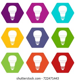 Glowing LED bulb icon set many color hexahedron isolated on white vector illustration