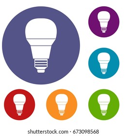 Glowing LED bulb icons set in flat circle reb, blue and green color for web