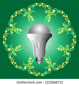 Glowing LED lamp surrounded by flowers, as a symbol of a reasonable attitude to the use of energy. Vector illustration