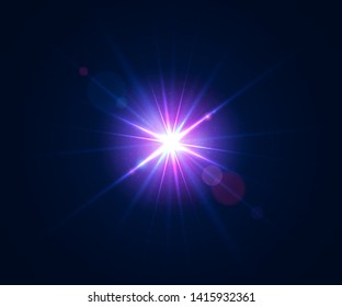 Glowing lens flare. Beautiful glare effect with bokeh, glitter particles and rays. Sparkling light effects of flash with colorful twinkle. Shining abstract background. Vector illustration.