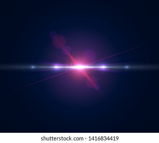 Glowing lens flare. Beautiful glare effect with bokeh, glitter particles and rays. Sparkling light effects of flash with colorful twinkle. Shining abstract background. Vector illustration.