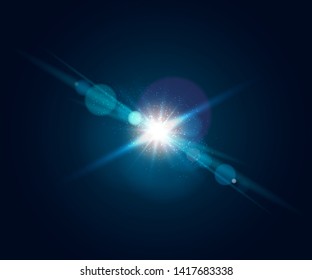 Glowing lens flare. Beautiful glare effect with bokeh, glitter particles and rays. Sparkling light effects of flash with colorful twinkle. Shining abstract background. Vector illustration.
