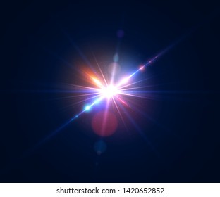 Glowing lens flare. Beautiful glare effect with bokeh, glitter particles and rays. Sparkling light effects of flash with colorful twinkle. Shining abstract background. Vector illustration.