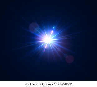 Glowing lens flare. Beautiful glare effect with bokeh, glitter particles and rays. Sparkling light effects of flash with colorful twinkle. Shining abstract background. Vector illustration.