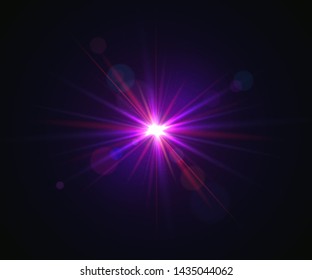 Glowing lens flare. Beautiful glare effect with bokeh, glitter particles and rays. Sparkling light effects of flash with colorful twinkle. Shining abstract background. Vector illustration