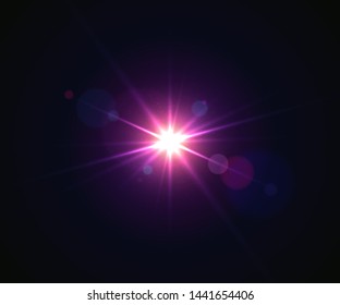 Glowing lens flare. Beautiful glare effect with bokeh, glitter particles and rays. Sparkling light effects of flash with colorful twinkle. Shining abstract background. Vector illustration
