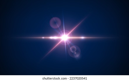 Glowing lens flare, beautiful glare effects with bohek, glitter particle and ray. Vector illustration of sparkling light effect, bright flash with colorful twinkle. Shining abstract background
