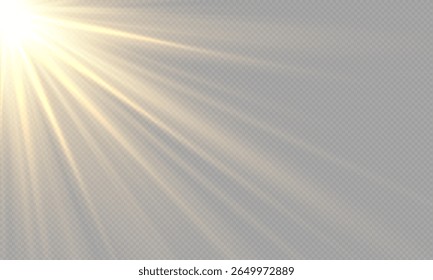 Glowing lens flare light or sunlight explosion effect with glitter. Light burst, summer sun ray, spotlight and christmas bokeh with overlay texture. New year golden light leak background with sparkle.