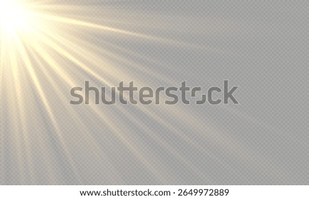Glowing lens flare light or sunlight explosion effect with glitter. Light burst, summer sun ray, spotlight and christmas bokeh with overlay texture. New year golden light leak background with sparkle.