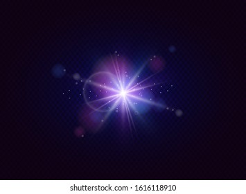 Glowing lens flares. Flash with colorful twinkle effect. Realistic light with rays. Vector illustration.