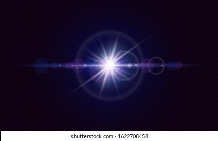 Glowing lens flares. Flash with colorful twinkle effect. Realistic light with rays. Vector illustration.