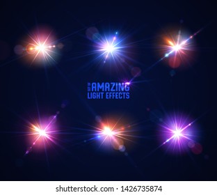 Glowing lens flares. Set of beautiful glare effects with bokeh, glitter particles and rays. Sparkling light effects of flash with colorful twinkle. Shining abstract background. Vector illustration