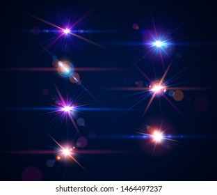 Glowing lens flares. Set of beautiful glare effects with bokeh, glitter particles and rays. Sparkling light effects of flash with colorful twinkle. Shining abstract background. Vector illustration