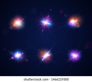 Glowing lens flares. Set of beautiful glare effects with bokeh, glitter particles and rays. Sparkling light effects of flash with colorful twinkle. Shining abstract background. Vector illustration