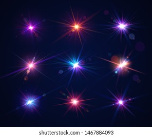 Glowing lens flares. Set of beautiful glare effects with bokeh, glitter particles and rays. Sparkling light effects of flash with colorful twinkle. Shining abstract background. Vector illustration