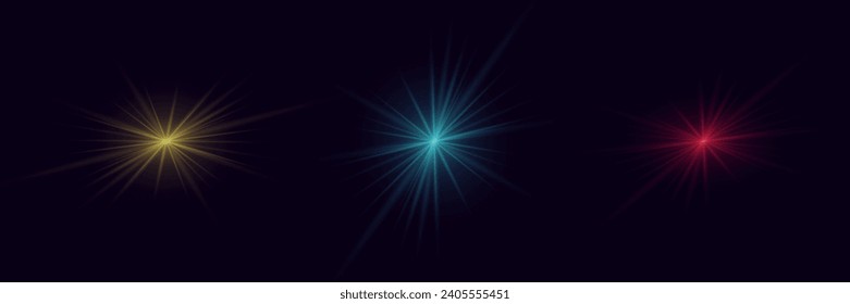 Glowing lens flares. A set of beautiful glare and light effects. Sparkling flash light effects with colorful shimmer. Shining abstract background. Vector illustration	
