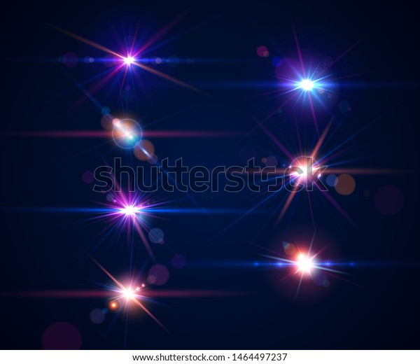 Glowing lens flares. Set of beautiful glare\
effects with bokeh, glitter particles and rays. Sparkling light\
effects of flash with colorful twinkle. Shining abstract\
background. Vector\
illustration