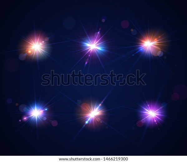 Glowing lens flares. Set of beautiful glare\
effects with bokeh, glitter particles and rays. Sparkling light\
effects of flash with colorful twinkle. Shining abstract\
background. Vector\
illustration