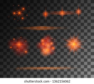 Glowing light. Abstract orange effect. Red vector light effects with particles decoration isolated on the transparent background. Spinning circle with bright leaves.